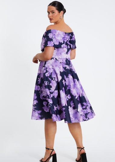 Quiz Navy Curve Floral Bardot Midi Dress