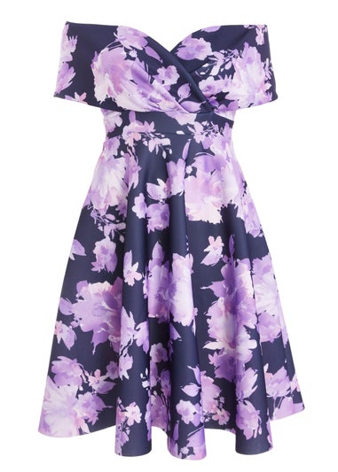 Quiz Navy Curve Floral Bardot Midi Dress