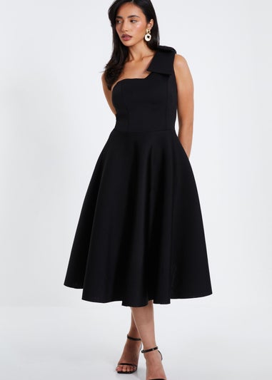 Quiz Black One Shoulder Bow Skater Midi Dress