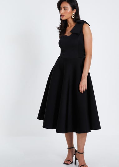 Quiz Black One Shoulder Bow Skater Midi Dress