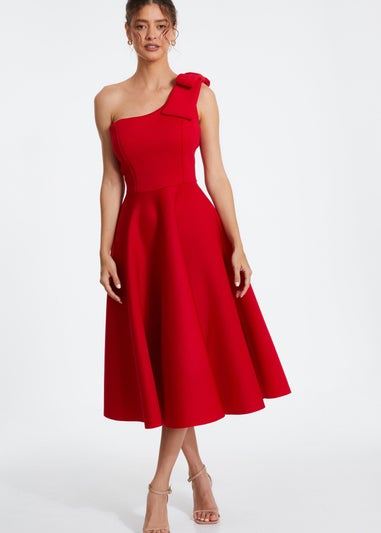 Quiz Red One Shoulder Bow Skater Midi Dress