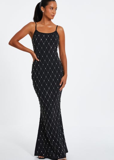 Quiz Black Petite Rhinestone Square Neck Maxi Dress