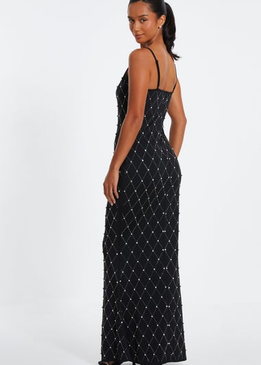 Quiz Black Petite Rhinestone Square Neck Maxi Dress