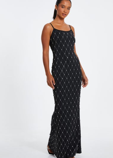 Quiz Black Petite Rhinestone Square Neck Maxi Dress