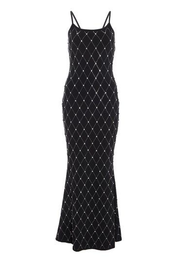 Quiz Black Petite Rhinestone Square Neck Maxi Dress