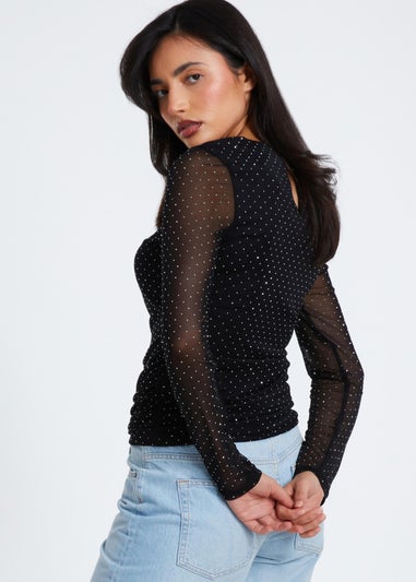 Quiz Black Mesh Stud Detail Top