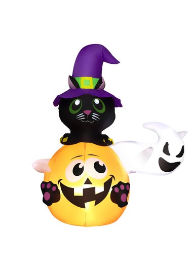 Outsunny Halloween Inflatable Black Cat Riding Pumpkin with White Ghost (4.9FT)