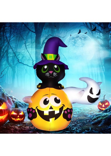 Outsunny Halloween Inflatable Black Cat Riding Pumpkin with White Ghost (4.9FT)