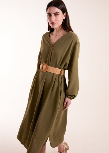 Blue Vanilla Khaki V Neck Long Sleeve Dress With Belt