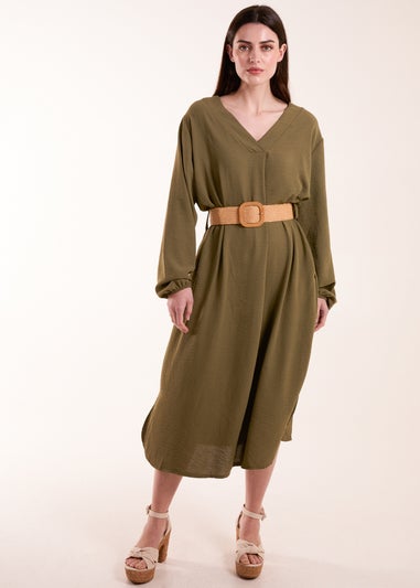 Blue Vanilla Khaki V Neck Long Sleeve Dress With Belt