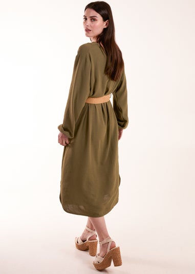 Blue Vanilla Khaki V Neck Long Sleeve Dress With Belt