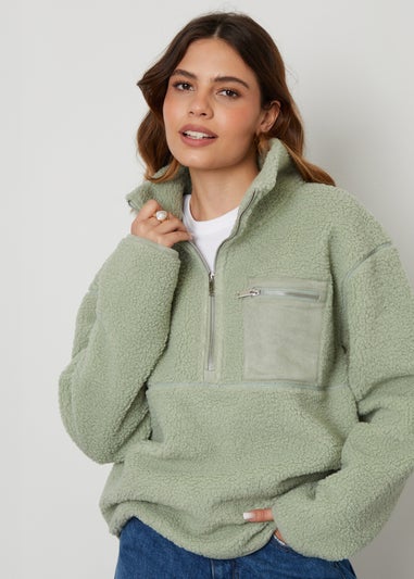 Threadbare Soft Green Sian Half Zip Borg Fleece