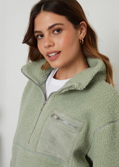 Threadbare Soft Green Sian Half Zip Borg Fleece