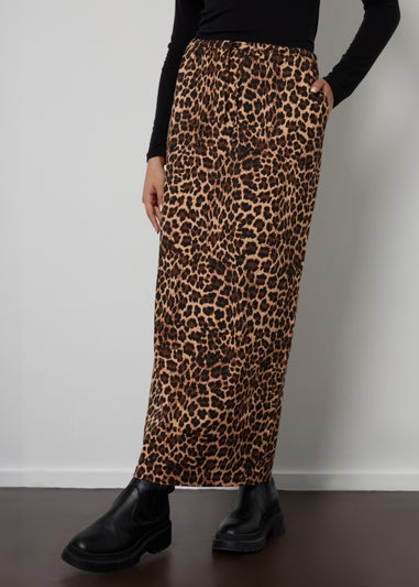 Threadbare Brown Midori Leopard Print Cotton Jersey Midi Skirt with Pockets