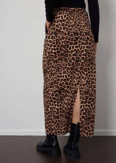 Threadbare Brown Midori Leopard Print Cotton Jersey Midi Skirt with Pockets