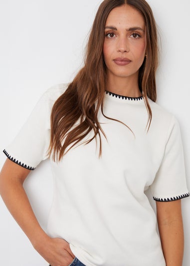 Threadbare Cream Nova Contrast Edge Stitch Short Sleeve Sweatshirt