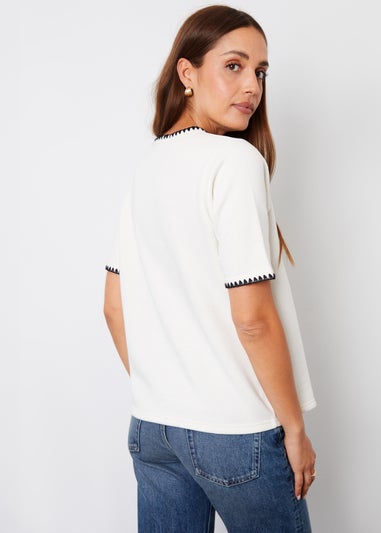 Threadbare Cream Nova Contrast Edge Stitch Short Sleeve Sweatshirt