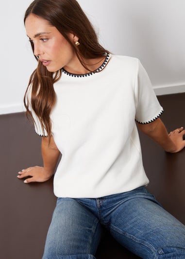 Threadbare Cream Nova Contrast Edge Stitch Short Sleeve Sweatshirt