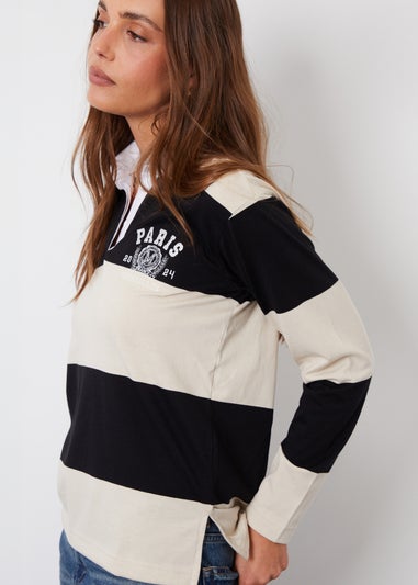 Threadbare Black Asher Stripe Paris Embroidery Rugby Shirt