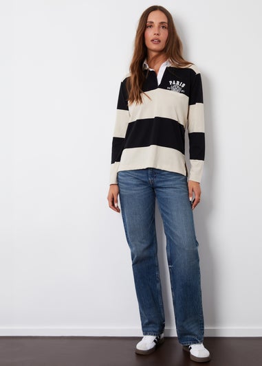 Threadbare Black Asher Stripe Paris Embroidery Rugby Shirt