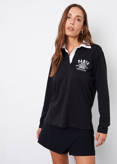 Threadbare Black Apollo Paris Embroidery Rugby Shirt