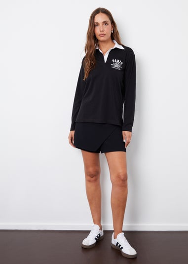 Threadbare Black Apollo Paris Embroidery Rugby Shirt