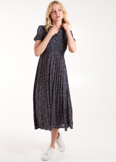 Blue Vanilla Navy Puff Sleeve Shirred Midi Shirt Dress