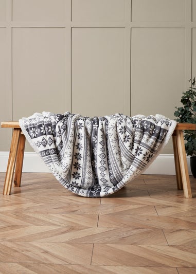 BHS Grey Fair Isle Throw with Faux-Shearling Back