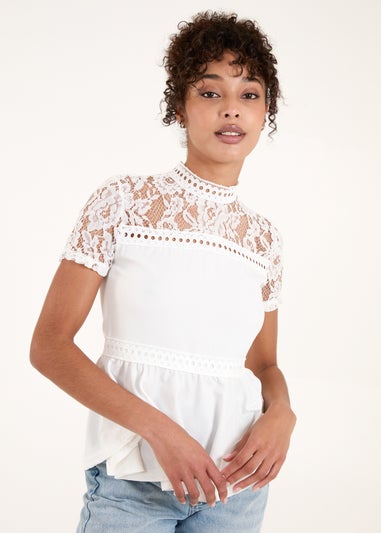 Blue Vanilla Ivory Lace Trimmed Peplum Top