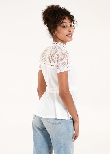 Blue Vanilla Ivory Lace Trimmed Peplum Top