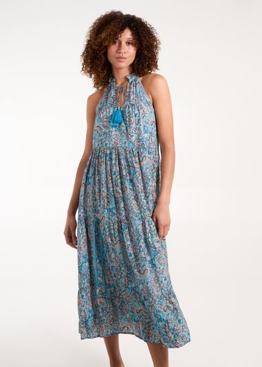 Blue Vanilla Blue Art Silk Tie Neck Smock Maxi Dress