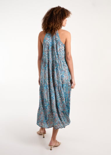 Blue Vanilla Blue Art Silk Tie Neck Smock Maxi Dress