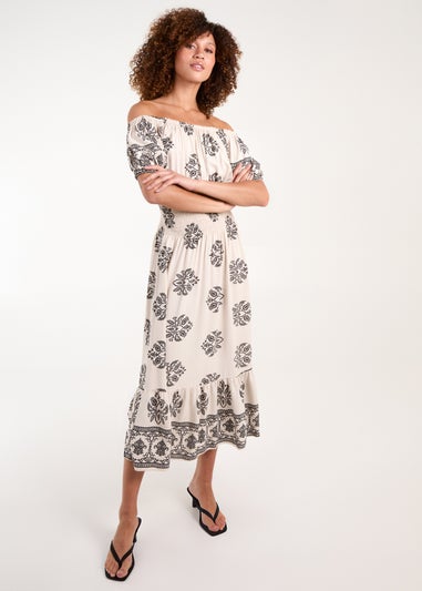 Blue Vanilla White Batik Print Shirred Waist  Midi Dress