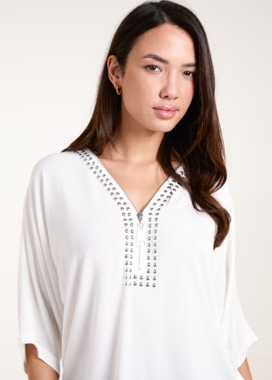 Blue Vanilla Ivory Studded Zip Front Top