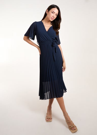 Blue Vanilla Navy Pleated Wrap Over Belted Dress