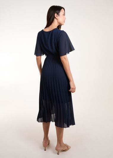 Blue Vanilla Navy Pleated Wrap Over Belted Dress