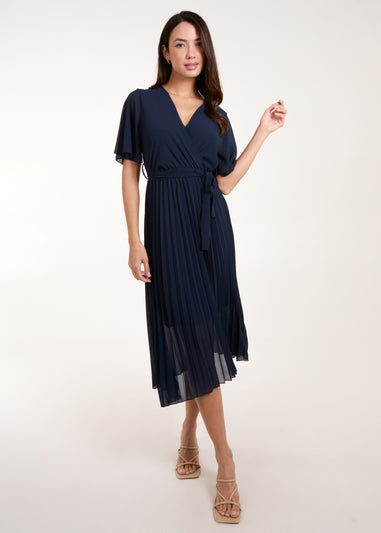 Blue Vanilla Navy Pleated Wrap Over Belted Dress