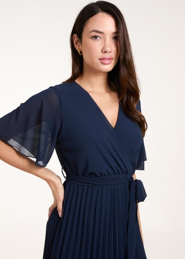 Blue Vanilla Navy Pleated Wrap Over Belted Dress