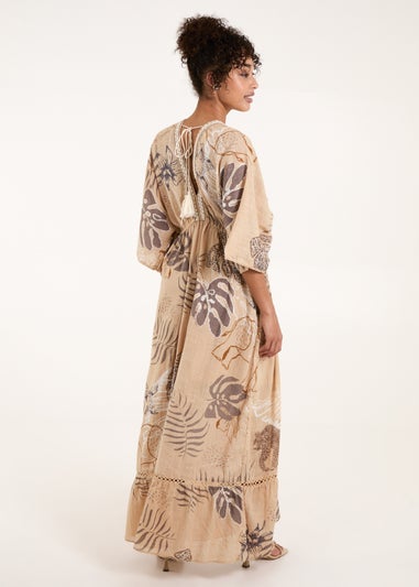 Blue Vanilla Beige V Neck Tassel Front Maxi Dress