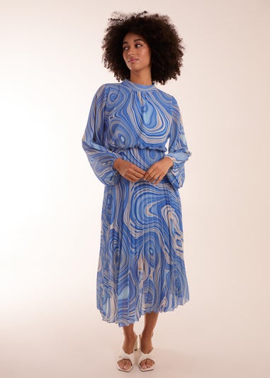 Blue Vanilla Blue Swirl Print High Neck Pleated Dress