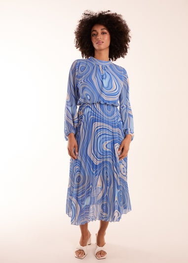 Blue Vanilla Blue Swirl Print High Neck Pleated Dress