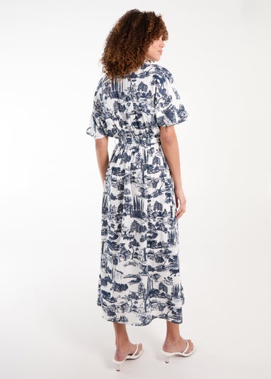 Blue Vanilla Navy Porcelain Printed Belted Shirt Dress