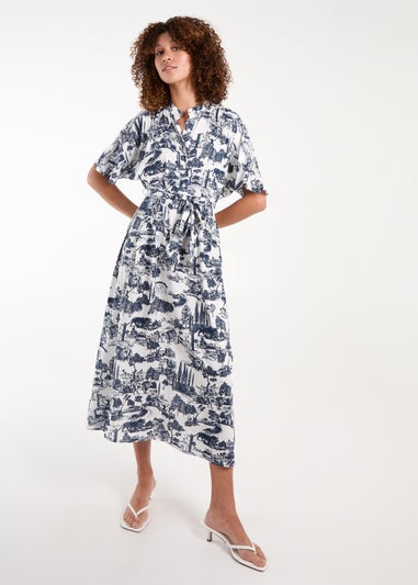 Blue Vanilla Navy Porcelain Printed Belted Shirt Dress