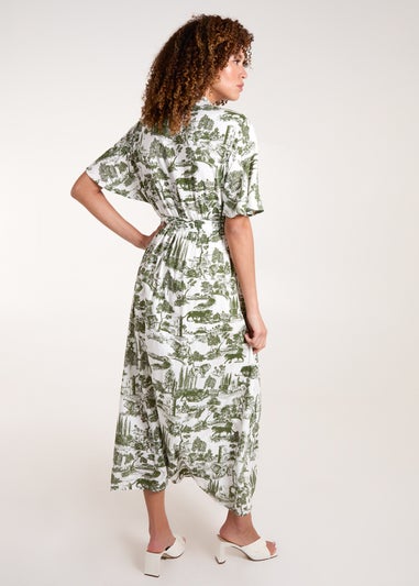 Blue Vanilla Khaki Porcelain Printed Belted Shirt Dress