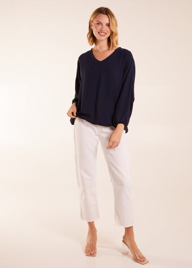 Blue Vanilla Navy V Neck Puff Sleeve Blouse