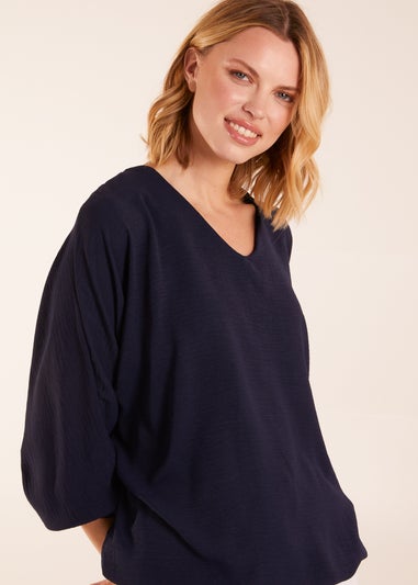 Blue Vanilla Navy V Neck Puff Sleeve Blouse