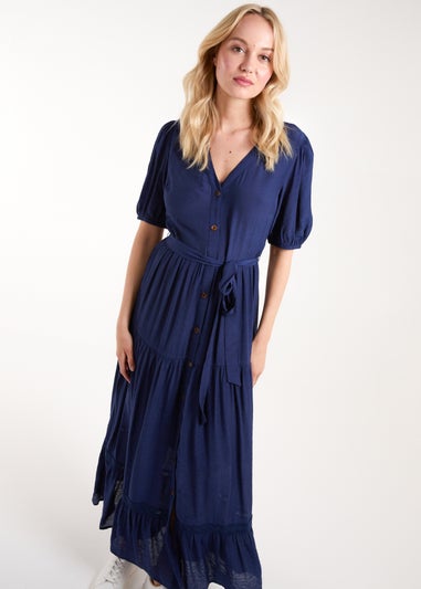 Blue Vanilla Navy Button Through Tie Maxi Dress