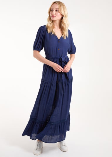 Blue Vanilla Navy Button Through Tie Maxi Dress