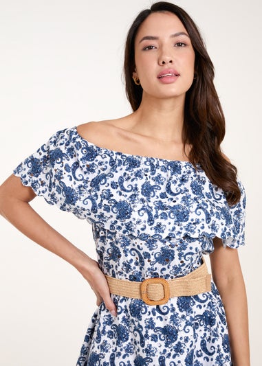 Blue Vanilla Navy Bardot Broderie Mini Belted Dress