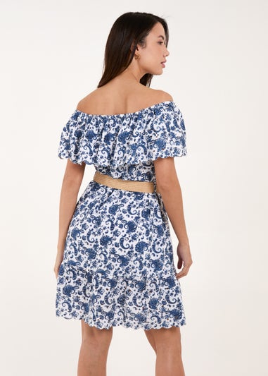 Blue Vanilla Navy Bardot Broderie Mini Belted Dress